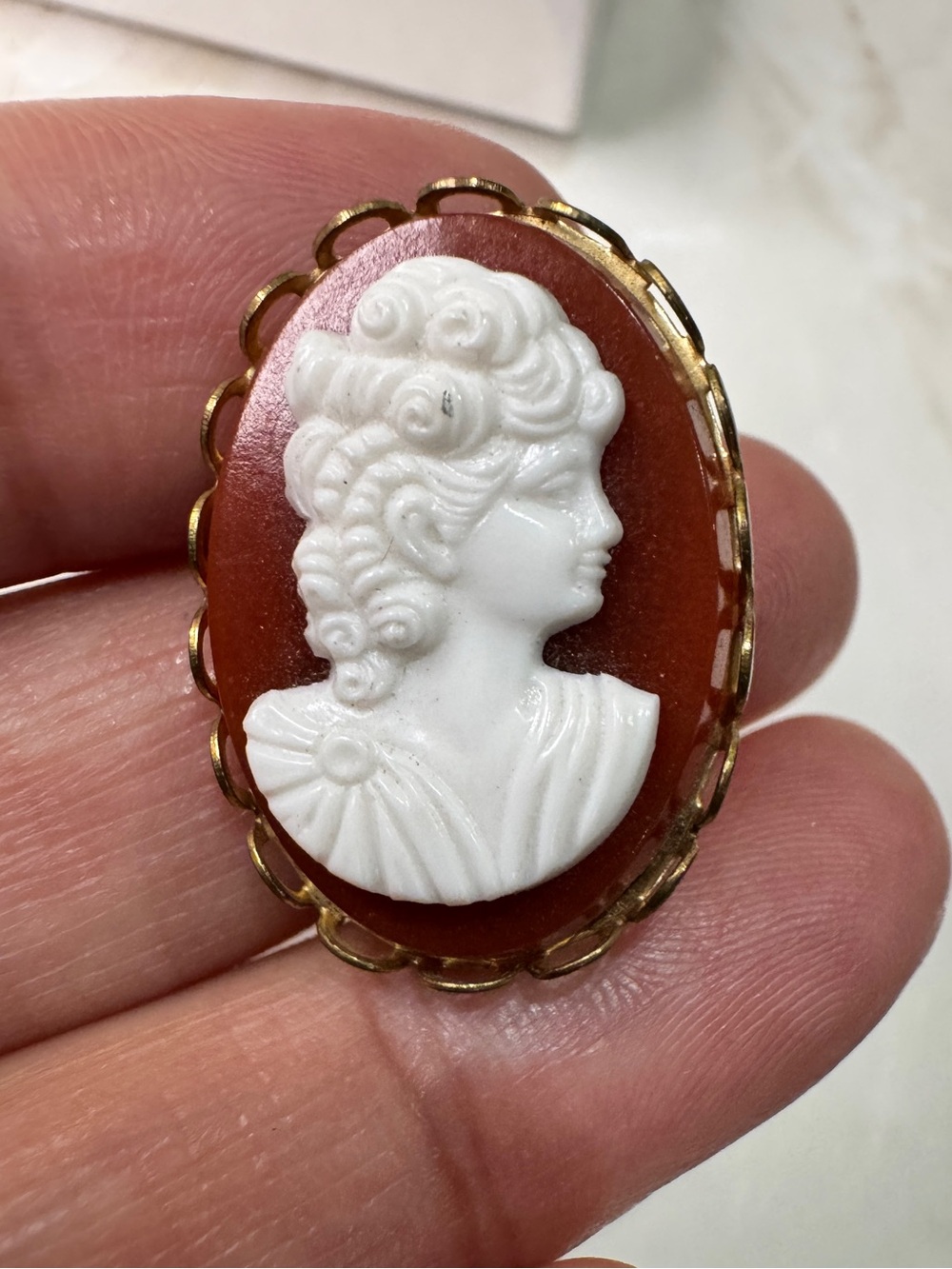 Vintage Cameo Portrait Brooch on Brown Base